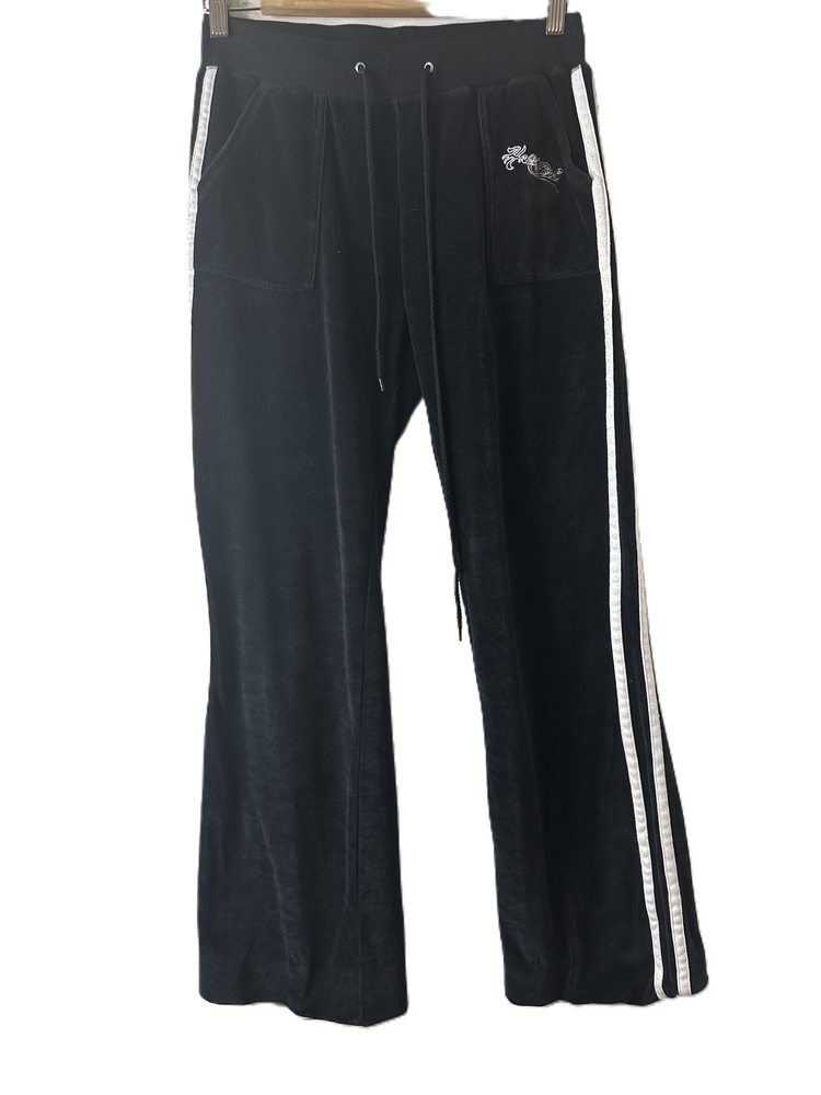 Hale Bob Track Pants Women Size Medium Black Velvet Wide Leg Stripes Drawstring